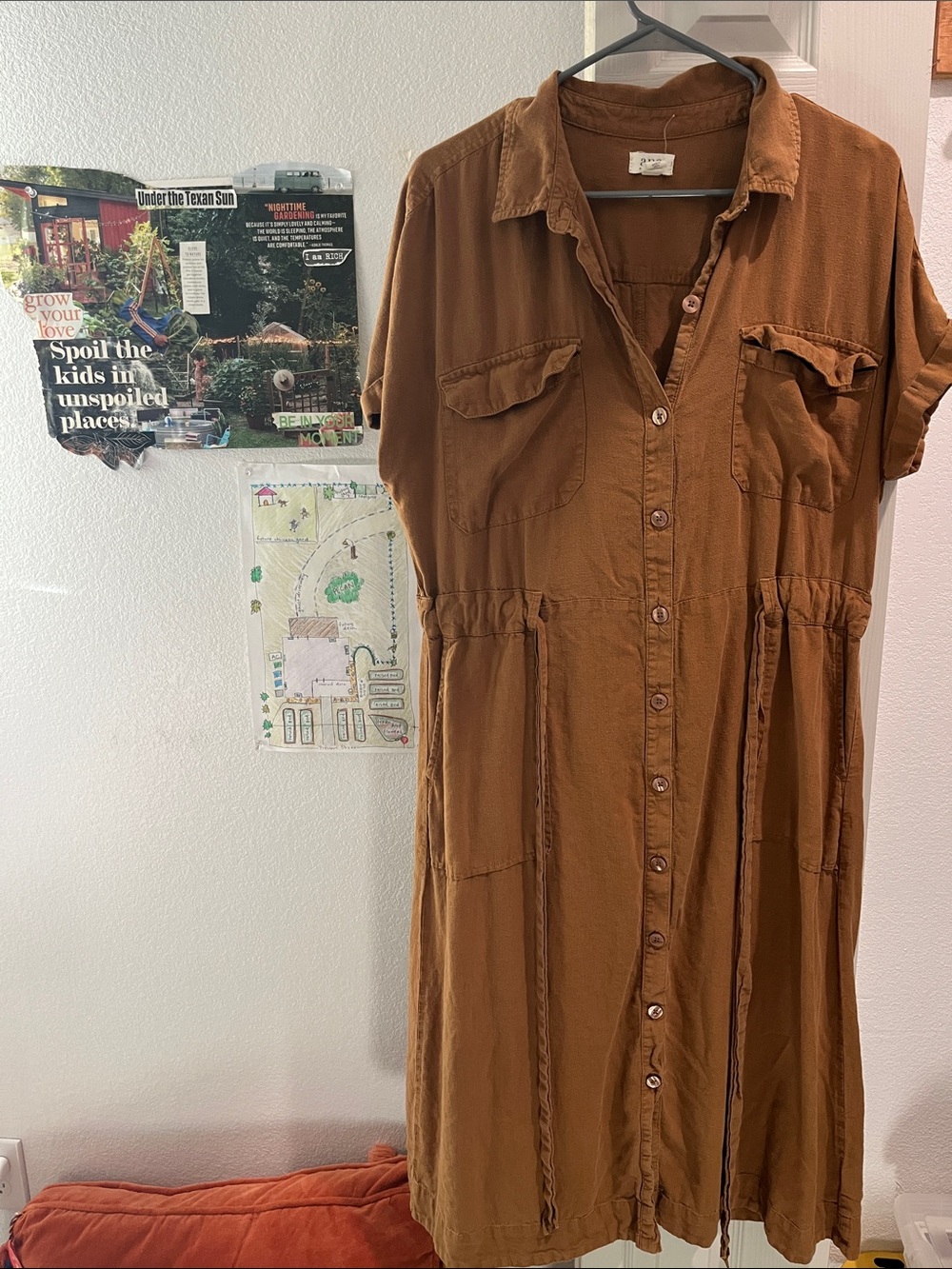 a.n.a Linen Brown Button-Front Midi Shirt Dress